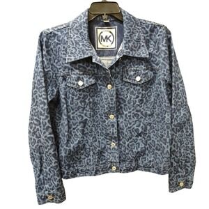 Michael Kors Denim Jacket XL Leopard Print Blue Jean Button Front Casual